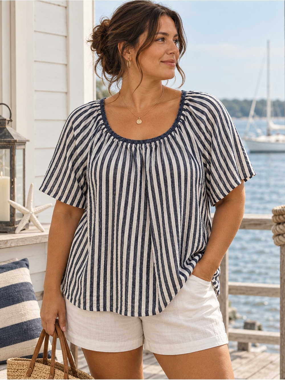 Max Studio 1X Navy & White Striped Blouse | Coastal Nautical